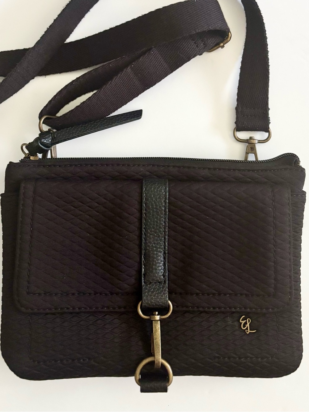 Elliott Lucca Black Crossbody Organizer Wallet Bag Quilted Nylon Pink Lining